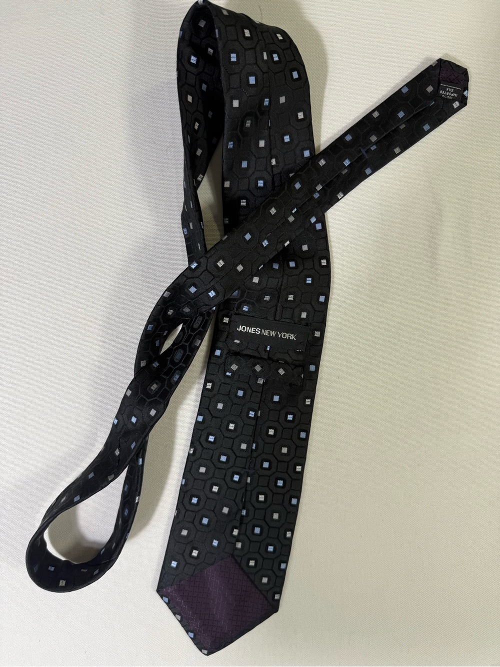 Jones New York Black Tie with Blue and Gray Geometric Squares